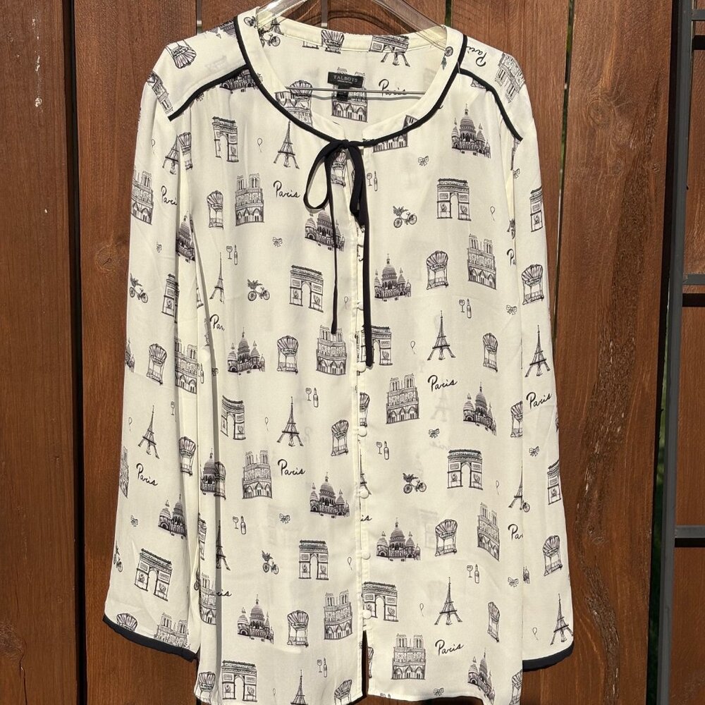 Talbots Paris Theme Tie Neck Long Sleeve White & Black Button Closure Blouse 3XP